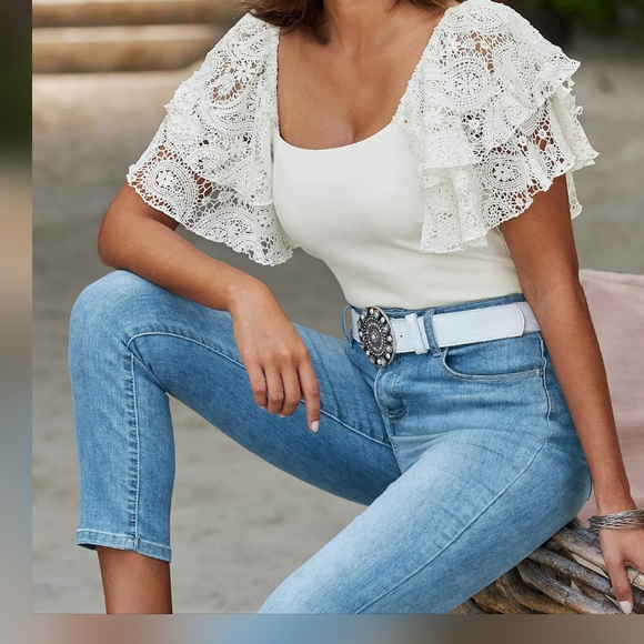 BOSTON PROPER Square Neck Crochet Ruffle Sleeve Stretch Blouse Large Off-White - Picture 15 of 16